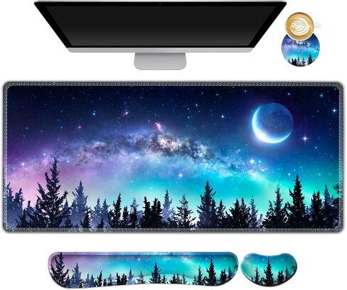 AIMSA Large Gaming Mouse Pad Set, Keyboard Wrist Rest Support Mouse Pad, Ergonomic Memory Foam Multifunctional Extended Desk Mat 35x15.7in Anti-Slip Rubber Base for Office Home, Pink Green Leaves in Kuwait
