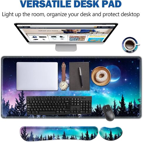 AIMSA Large Gaming Mouse Pad Set, Keyboard Wrist Rest Support Mouse Pad, Ergonomic Memory Foam Multifunctional Extended Desk Mat 35x15.7in Anti-Slip Rubber Base for Office Home, Pink Green Leaves in Kuwait