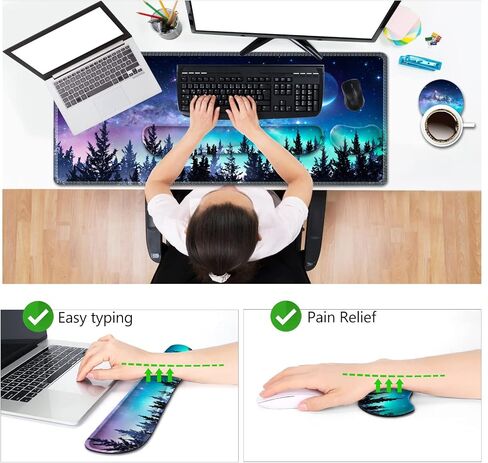 AIMSA Large Gaming Mouse Pad Set, Keyboard Wrist Rest Support Mouse Pad, Ergonomic Memory Foam Multifunctional Extended Desk Mat 35x15.7in Anti-Slip Rubber Base for Office Home, Pink Green Leaves in Kuwait