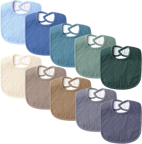 POIKSHARK Set of 10 Muslin Baby Bibs for Unisex Boys and Girls, 10 Solid Colors Set for Drooling and Teething in Saudi Arabia