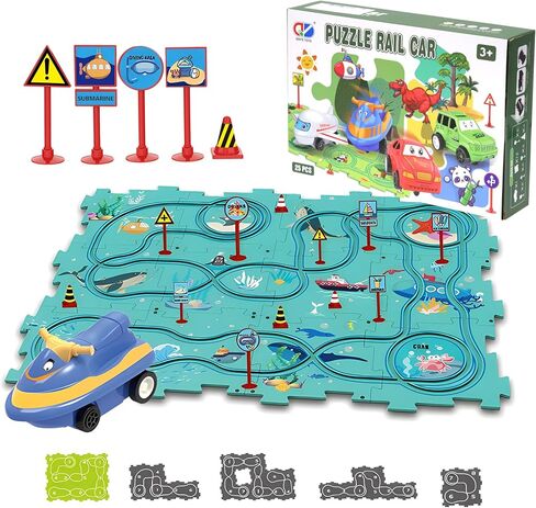 25PCS Puzzle Racer Kids Car Track Set, Puzzle Track Car Play Set for Kids Ages 3-5 with Floor Puzzles and Racer, Montessori Toys Preschool Gifts for Kids - Ocean in Saudi Arabia