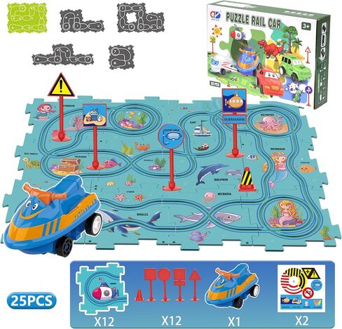 25PCS Puzzle Racer Kids Car Track Set, Puzzle Track Car Play Set for Kids Ages 3-5 with Floor Puzzles and Racer, Montessori Toys Preschool Gifts for Kids - Ocean in Saudi Arabia