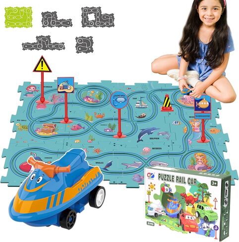 25PCS Puzzle Racer Kids Car Track Set, Puzzle Track Car Play Set for Kids Ages 3-5 with Floor Puzzles and Racer, Montessori Toys Preschool Gifts for Kids - Ocean in Saudi Arabia