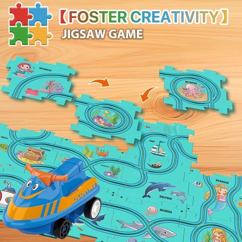 25PCS Puzzle Racer Kids Car Track Set, Puzzle Track Car Play Set for Kids Ages 3-5 with Floor Puzzles and Racer, Montessori Toys Preschool Gifts for Kids - Ocean in Saudi Arabia
