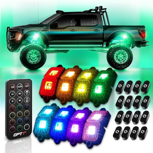 OPT7 فوتون RGB LED أضواء الصخور المغناطيسية مع جهاز التحكم عن بعد، 8 قرون زاوية واسعة متعددة الألوان النيون مجموعة الإضاءة تحت التوهج مع سلك تمديد، IP68 مقاوم للماء لشاحنة الطرق الوعرة جيب RZR ATV UTV SUV in Kuwait