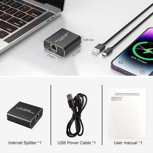 موزع إيثرنت بسرعة 1000 ميجابت في الثانية من 1 إلى 2، مقسم إيثرنت عالي السرعة لـ Cat7/Cat6/Cat5e/Cat5، محول شبكة مقسم الإنترنت RJ45 مع كابل طاقة USB لجهازين للشبكات في وقت واحد in Kuwait