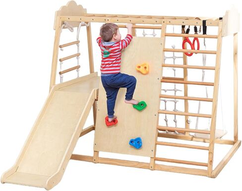 9-in-1 Toddler Indoor Jungle Gym & Playground Set, Wooden Climbing Toy with Slide, Swing, Climbing Net, Rings – Montessori-Inspired Kids Playset for Indoor Fun & Development, Ages 3-8 in Saudi Arabia