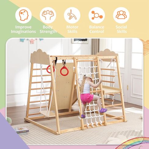 9-in-1 Toddler Indoor Jungle Gym & Playground Set, Wooden Climbing Toy with Slide, Swing, Climbing Net, Rings – Montessori-Inspired Kids Playset for Indoor Fun & Development, Ages 3-8 in Saudi Arabia