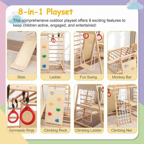 9-in-1 Toddler Indoor Jungle Gym & Playground Set, Wooden Climbing Toy with Slide, Swing, Climbing Net, Rings – Montessori-Inspired Kids Playset for Indoor Fun & Development, Ages 3-8 in Saudi Arabia