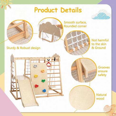 9-in-1 Toddler Indoor Jungle Gym & Playground Set, Wooden Climbing Toy with Slide, Swing, Climbing Net, Rings – Montessori-Inspired Kids Playset for Indoor Fun & Development, Ages 3-8 in Saudi Arabia