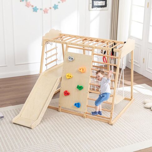 9-in-1 Toddler Indoor Jungle Gym & Playground Set, Wooden Climbing Toy with Slide, Swing, Climbing Net, Rings – Montessori-Inspired Kids Playset for Indoor Fun & Development, Ages 3-8 in Saudi Arabia