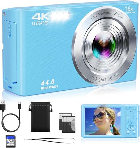 Digital Camera, 2026 Upgraded FHD 4K Small Digital Cameras with 64GB SD Card 2 Batteries, Compact Digital Camera with 16X Digital Zoom, Autofocus Travel Cameras for Vlogging for Teens Kids Boys Girls in Kuwait
