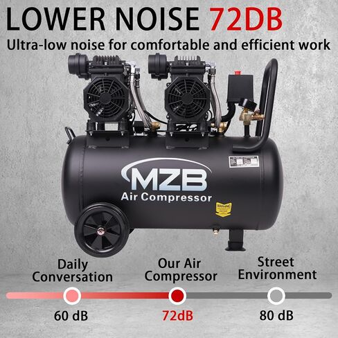 ضاغط هواء MZB 2.4 جالون فائق الهدوء 110 فولت/60 هرتز 1.0 حصان 5.65 قدم مكعب في الدقيقة، خزانات فولاذية بحد أقصى 115 رطل لكل بوصة مربعة خالية من الزيت، ضاغط هواء بمستوى ضوضاء 72 ديسيبل مع عجلات للطلاء بالرش وإصلاح السيارات وتزيين النجارة in Kuwait