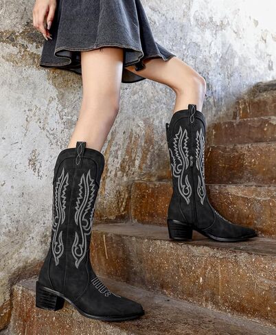 DADAWEN Cowboy Boots For Women Western Mid Calf Cowgirl Boots Embroidery Square Toe Boot With Chunky Heel in Saudi Arabia