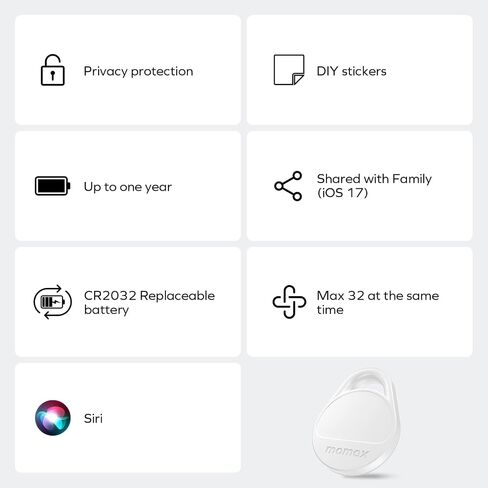 4 عبوات من علامات Momax Air Tracker، [معتمد من Apple MFi]، جهاز تعقب بلوتوث ببطارية قابلة للاستبدال متوافق مع Apple Find My (iOS فقط)، ملصقات DIY، علامة ذكية للبحث عن العناصر للمفاتيح والمحفظة والأمتعة in Kuwait