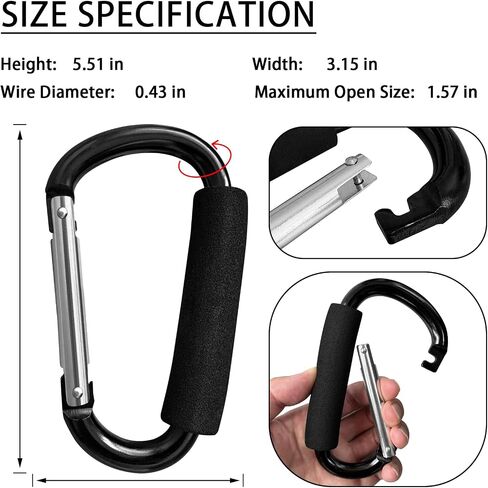 Large Aluminum Carabiner, Heavy-Duty Stroller Hooks for Hanging Bags and Shopping – Durable Multi-Purpose Carabiner Clips for Camping, Hiking, Travel, Outdoor Accessories in Kuwait
