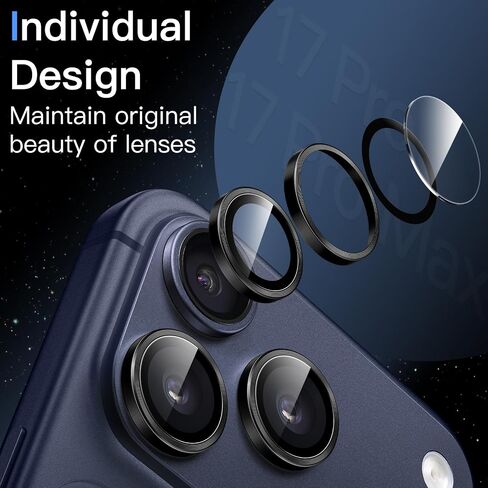JETech Camera Lens Protector for iPhone 17 Pro 6.3-Inch and iPhone 17 Pro Max 6.9-Inch, 9H Tempered Glass Metal Individual Ring Cover, Easy Installation Tray, HD Clear, 1 Set (Black) in Saudi Arabia