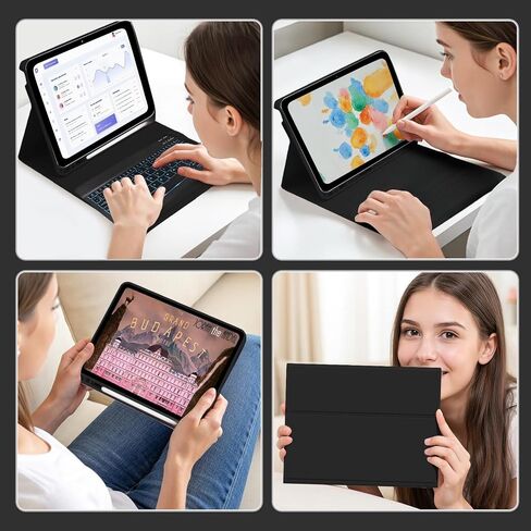 حافظة لوحة المفاتيح لجهاز سامسونج جالاكسي تاب S11 SM-X730، SM-X736، SM-X736B - غطاء لوحة مفاتيح وماوس بإضاءة خلفية 7 ألوان (أسود) (وردي) in Kuwait