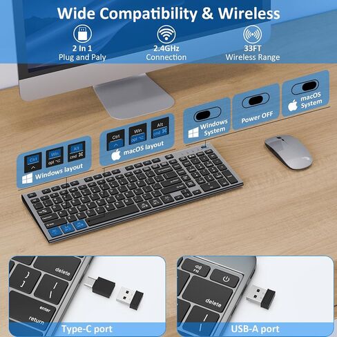 Wireless Keyboard and Mouse, GALENMORO Silent Quiet Combo Low Profile USB C Full Size Compact with Number Pad Flat Soft Touch Cordless for Mac Computer PC Laptop MacBook iMac Office - Black and Gray in Saudi Arabia