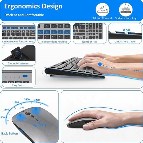 Wireless Keyboard and Mouse, GALENMORO Silent Quiet Combo Low Profile USB C Full Size Compact with Number Pad Flat Soft Touch Cordless for Mac Computer PC Laptop MacBook iMac Office - Black and Gray in Saudi Arabia