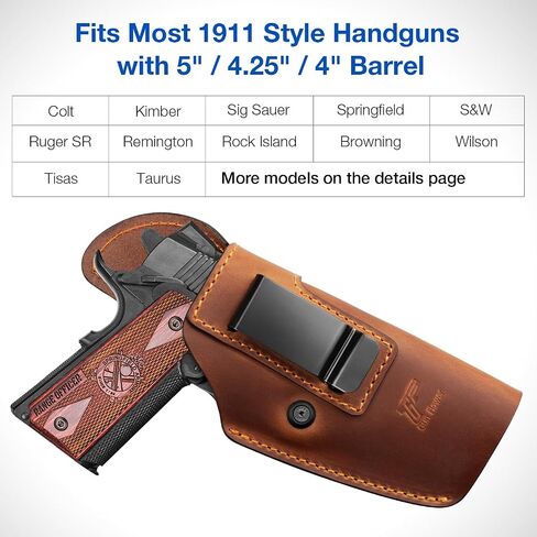 Full Grain Leather IWB Holster for Most 1911 Style Handguns 5" 4.25" 4" Barrel, Compatible with Kimber, Colt, Tisas, S&W, Sig, Springfield, S&W, Ruger SR, Remington & More,Not Fit Optics/Light in Saudi Arabia