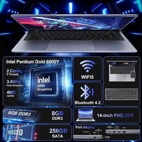 2025 Silver Laptop, Pentium Gold 6500Y Processor(Up to 3.4GHz),8GB RAM 256GB SSD,14 Inch FHD IPS Display, 5000mAh Battery,Type-C,Portable Laptops Computer for Business Office Home in Saudi Arabia