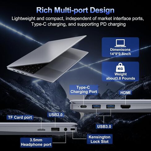 2025 Silver Laptop, Pentium Gold 6500Y Processor(Up to 3.4GHz),8GB RAM 256GB SSD,14 Inch FHD IPS Display, 5000mAh Battery,Type-C,Portable Laptops Computer for Business Office Home in Saudi Arabia