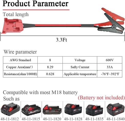 كابلات القفز المتوافقة مع بطارية ميلووكي M18، 2FT 8AWG بطارية محمولة، كابلات معززة للسيارات، طاقة لبدء قفز السيارة باستخدام الأداة in Kuwait