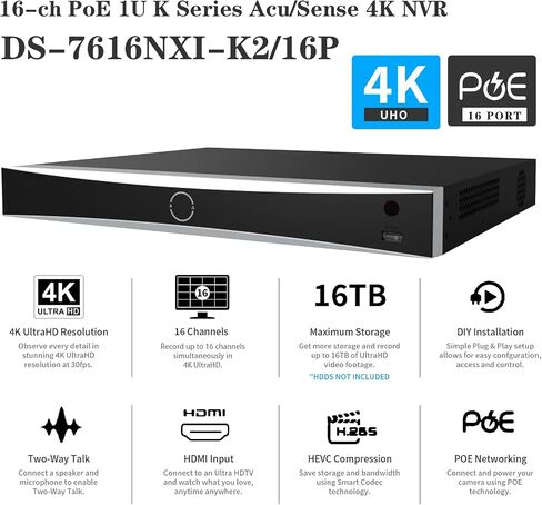 DS-7616NI-Q2/16P 4K NVR 16 قناة 16 قناة 16 PoE مسجل فيديو شبكي يعمل مع كاميرا IP 8MP/6MP/5MP/4MP، يدعم ما يصل إلى 8 تيرابايت من القرص الصلب (HDD غير متضمن) in Kuwait