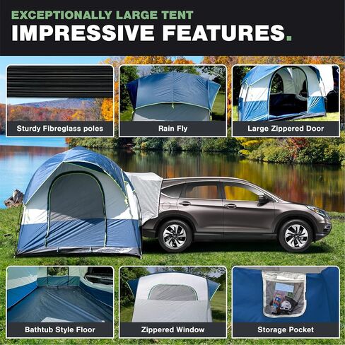 Universal SUV Camping Tent - Up to 8-Person Sleeping Capacity, Includes Rainfly and Storage Bag - Car Tailgate Glamping Tent - 8'W x 8'L x 7.2'H Gray and Blue in Saudi Arabia