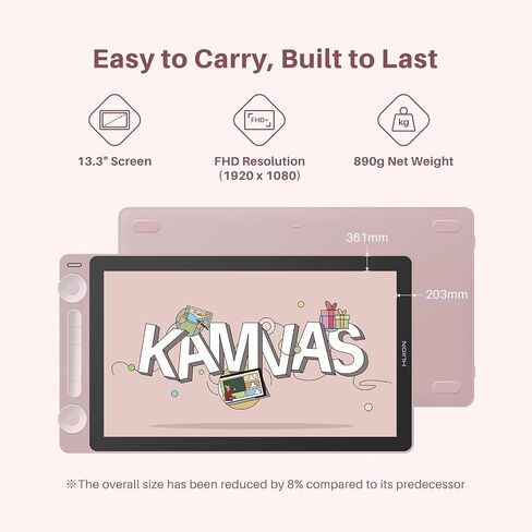 تابلت رسم HUION Kamvas 13 (Gen 3) مع شاشة، تابلت فني مغلف بالكامل مقاس 13.3 بوصة مع حامل زجاجي ثانٍ قابل للتعديل، PenTech 4.0، ضغط القلم 16384، أقراص مزدوجة للفن الرقمي، وردي in Saudi Arabia