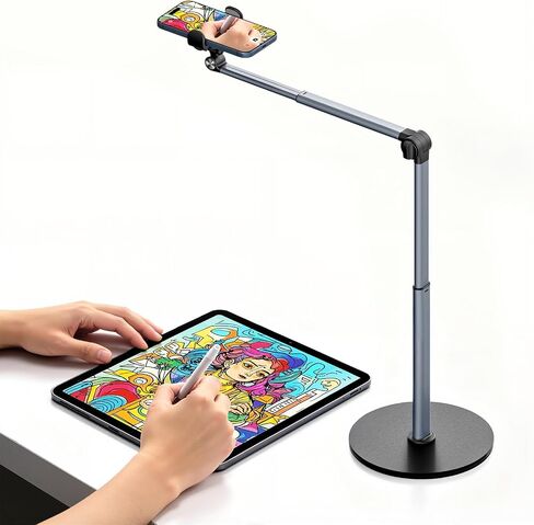 MoKo Overhead Tripod for iPhone, Heavy Duty Aluminum Overhead Phone Mount, Angle & Height Adjustable, Telescopic Arm, Overhead Phone Stand for Recording, Live Streaming, Cooking, Filming (Clip) in Saudi Arabia