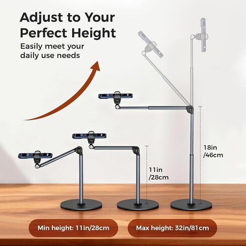 MoKo Overhead Tripod for iPhone, Heavy Duty Aluminum Overhead Phone Mount, Angle & Height Adjustable, Telescopic Arm, Overhead Phone Stand for Recording, Live Streaming, Cooking, Filming (Clip) in Saudi Arabia