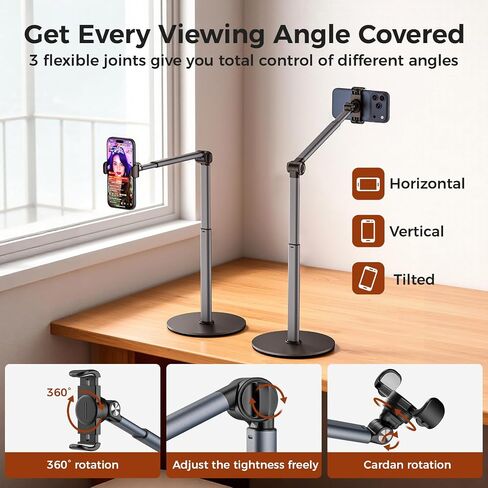 MoKo Overhead Tripod for iPhone, Heavy Duty Aluminum Overhead Phone Mount, Angle & Height Adjustable, Telescopic Arm, Overhead Phone Stand for Recording, Live Streaming, Cooking, Filming (Clip) in Saudi Arabia