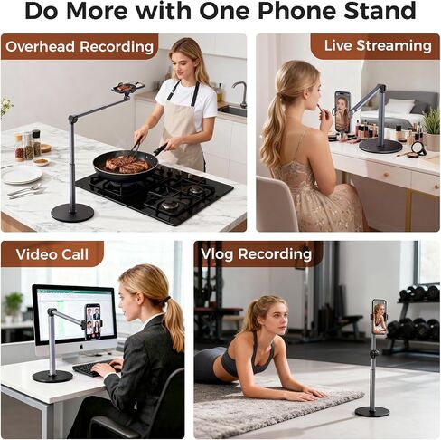 MoKo Overhead Tripod for iPhone, Heavy Duty Aluminum Overhead Phone Mount, Angle & Height Adjustable, Telescopic Arm, Overhead Phone Stand for Recording, Live Streaming, Cooking, Filming (Clip) in Saudi Arabia