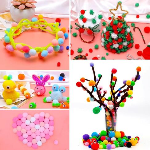 Iooleem Multi-Color Pom Poms, 1200pcs Assorted Size & Color, Pom Poms for Arts and Crafts, Pom Pom Balls with Wiggle Eyes in jar, Glitter Pom Poms, Craft Supplies. in Kuwait