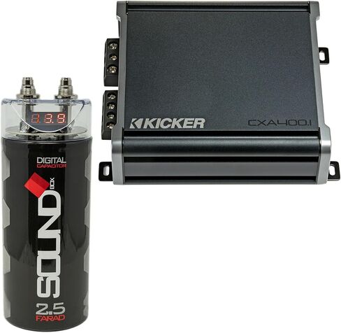 Kicker 46CXA4001 400W CX Series Mono Class D Subwoofer Amplifier + SoundBox SCAP2D 2.5F Digital Capacitor Bundle – One‑Ohm Stable, 12dB Crossover, KickEQ Bass Boost, 2500W Peak in Saudi Arabia
