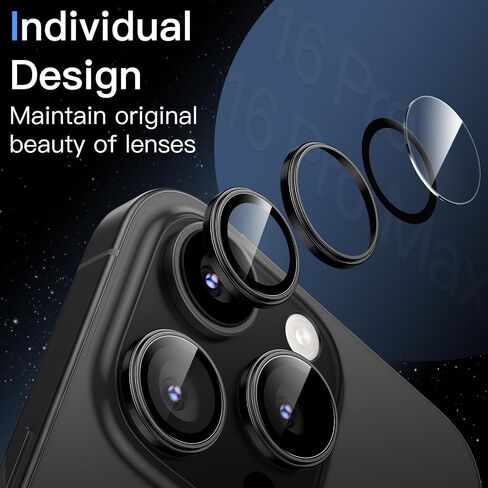 JETech Camera Lens Protector for iPhone 16 Pro 6.3-Inch and iPhone 16 Pro Max 6.9-Inch, 1:1 Invisible Fit, 9H Tempered Glass Metal Individual Ring Cover, HD Clear, 1 Set (Black Titanium) in Saudi Arabia