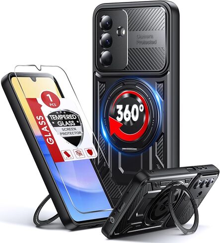 LeYi for Samsung Galaxy A16-5G Phone Case: with Glass Screen Protector, Samsung A16 5G Case Fit Magsafe Heavy Duty Rugged Shockproof Protection Magnetic Ring Stand Mobile Cover Funda para A 16, Black in Saudi Arabia