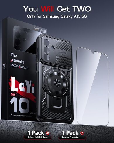 LeYi for Samsung Galaxy A16-5G Phone Case: with Glass Screen Protector, Samsung A16 5G Case Fit Magsafe Heavy Duty Rugged Shockproof Protection Magnetic Ring Stand Mobile Cover Funda para A 16, Black in Saudi Arabia