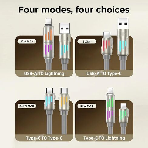 كابل USB C 4 في 1 بقوة 240 واط، بطول 4 أقدام - كابل USB C إلى USB A مع مؤشر LED، موصل ثلاثي للهاتف والكمبيوتر in Kuwait
