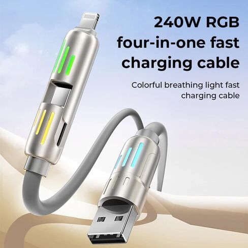 كابل USB C 4 في 1 بقوة 240 واط، بطول 4 أقدام - كابل USB C إلى USB A مع مؤشر LED، موصل ثلاثي للهاتف والكمبيوتر in Kuwait