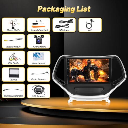 4+128G Android Car Stereo for Jeep Cherokee Sport 2014 2015 2016 2017 with Wireless Carplay/Android Auto - 10 Inch HD Touchscreen Radio with EQ/5GHz WiFi/GPS/SWC + AHD Rear View Camera in Kuwait
