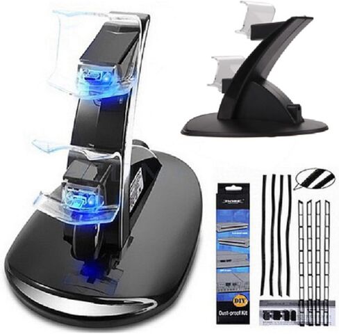 LED Dual USB Charger Charging Dock Stand Station+ Dust Proof Prevent Cover Kit for Sony Playstation 4 PS4 Game Gaming Controller in Saudi Arabia