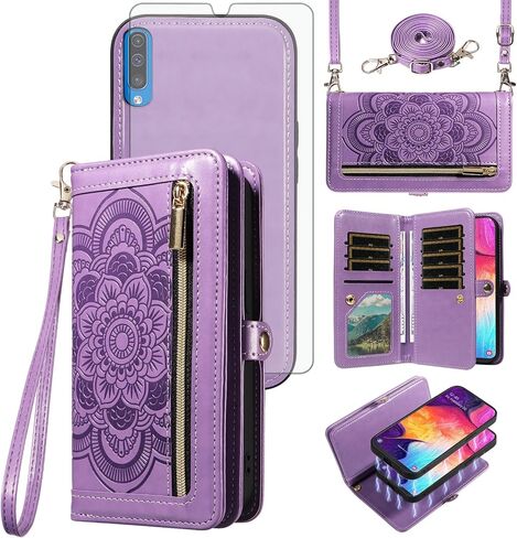حافظة هاتف Asuwish لهاتف Samsung Galaxy A50 A50S A30S محفظة بسحاب غطاء خلوي قابل للفصل مع واقي شاشة من الزجاج المقسى وحزام كروس وحامل بطاقة زهرة A 50 50S 30S S50 50A SM A505G نسائي رمادي in Saudi Arabia