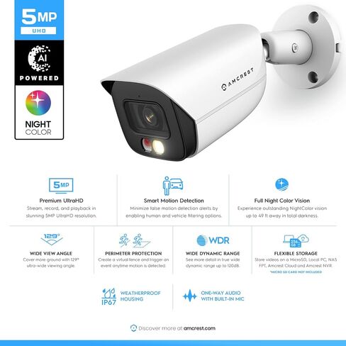 كاميرا Amcrest 5MP IP PoE AI مع رؤية ليلية ملونة 49 قدمًا، كاميرا رصاصة خارجية للأمان، ميكروفون مدمج، اكتشاف الإنسان والمركبة، رادع نشط، 129 درجة FOV، 5 ميجابكسل @ 20 إطارًا في الثانية IP5M-B1276EB-AI (أسود) in Kuwait