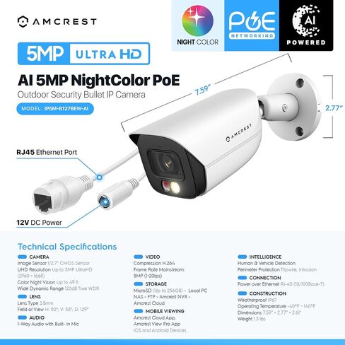 كاميرا Amcrest 5MP IP PoE AI مع رؤية ليلية ملونة 49 قدمًا، كاميرا رصاصة خارجية للأمان، ميكروفون مدمج، اكتشاف الإنسان والمركبة، رادع نشط، 129 درجة FOV، 5 ميجابكسل @ 20 إطارًا في الثانية IP5M-B1276EB-AI (أسود) in Kuwait