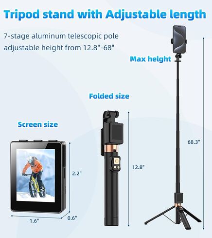 Flymoon Selfie Stick for iPhone with Remote Control, Detachable Live Screen - 68" Extendable Aluminum Phone Tripod Stand, 360° Rotation for Vlog, Live Streaming, iPhone & Android in Saudi Arabia