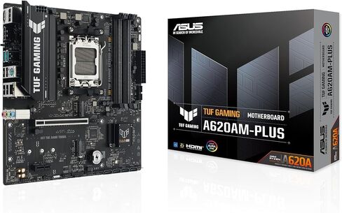 TUF Gaming A620AM-PLUS WiFi AMD A620A mATX Motherboard, 8+2+1 Power Stages, DDR5, PCIe 4.0, Dual M.2 Slots, WiFi 6, 2.5Gb Ethernet, Dual DisplayPort, HDMI, Rear USB-A 10Gbps, Front USB-C 10Gbps in Saudi Arabia
