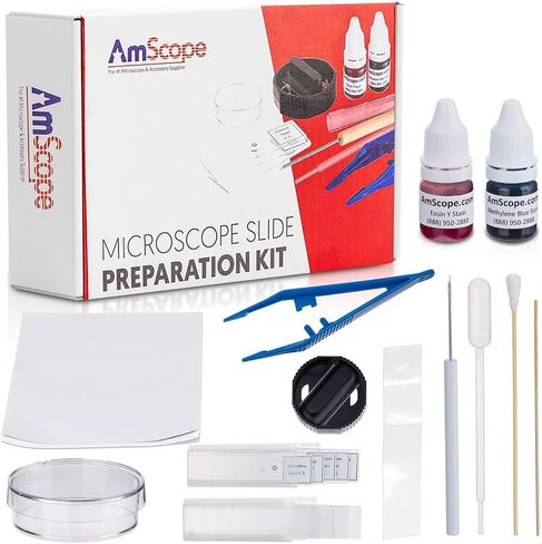 مجهر أحادي مركب AmScope M150C-50WM-50P100S، عدسات WF10x وWF25x، تكبير 40x-1000x، إضاءة LED، برايتفيلد، مكثف أحادي العدسة، تركيز محوري خشن ودقيق، مرحلة عادية، 110 فولت، تتضمن مجموعة من 50 شريحة مُجهزة، 50 بلورة in Kuwait